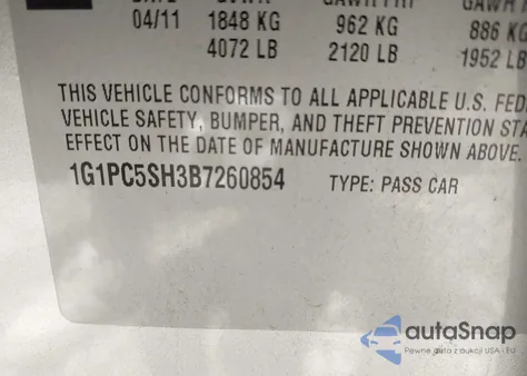 2011 Chevrolet Cruze Ls from USA, damaged, VIN 1G1PC5SH3B7260854